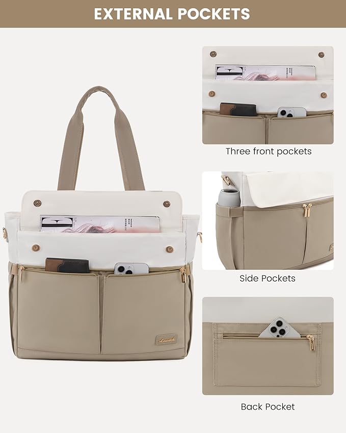 LOVEVOOK Laptop Bag for Women 15.6 Inch Canvas Laptop Large Capacity Work Bags Mutiple Pockets Teacher Bag Water Resistant Computer Bags for Business Travel Nurse, Khaki