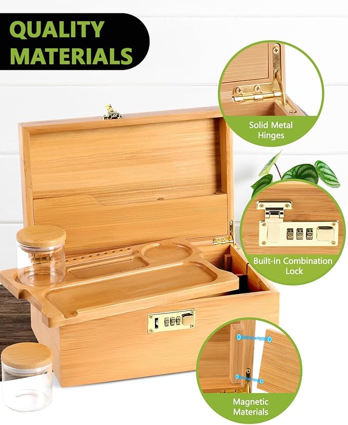 OZCHIN Large Bamboo Box with Combination Lock Decorative box for Home Great Gift Choice Storage Lockbox with Storage Jar, Christmas Gifts for Men Women