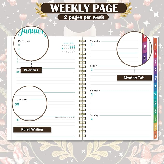 2026 Planner - 2026 Planner Weekly and Monthly, JAN. 2026 - DEC. 2026, 6.3" x 8.4", 2026 Planners with Tabs, Twin-Wire Binding, Inner pocket, Planner organizer - Moon