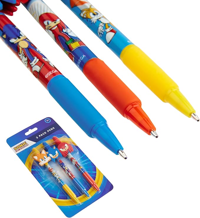 Sonic The Hedgehog Pens for Kids Pack of 3 Ballpoint Pens Blue Ink for Boys with Character Toppers Cute School Supplies Gamer Gifts for Kids
