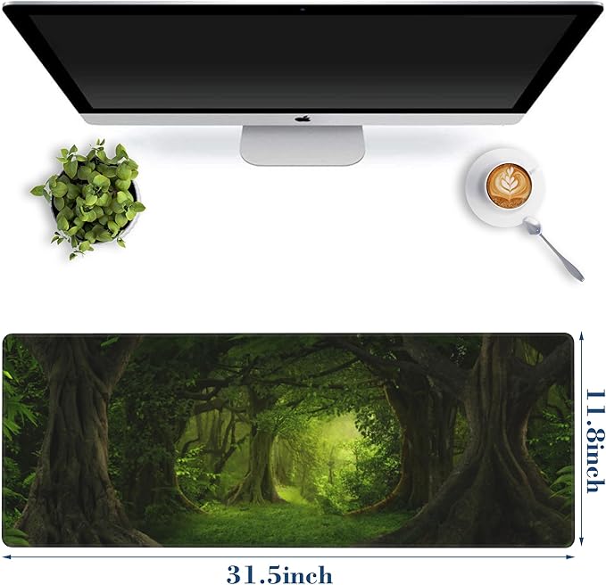 Deep Tropical Jungle Forest Mouse Pad Desk Mat XL Large Gaming Mousepad Extended Computer Keyboard Mat with Non-Slip Rubber Base and Stitched Edge 11.8 x 31.5 Inch for Gaming and Office Work