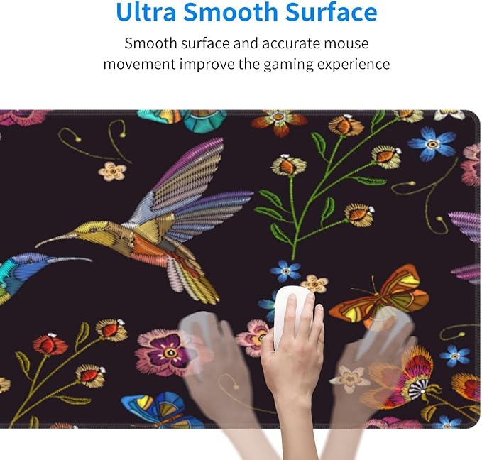 Hummingbird and Tropical Flowers Large Mouse Pad with Stitched Edges Long Non-Slip Rubber Base Mousepad Humming Birds Laptop Keyboard Mat Desk Pad for Office Home Desk Decor, 31.5" X 11.8"