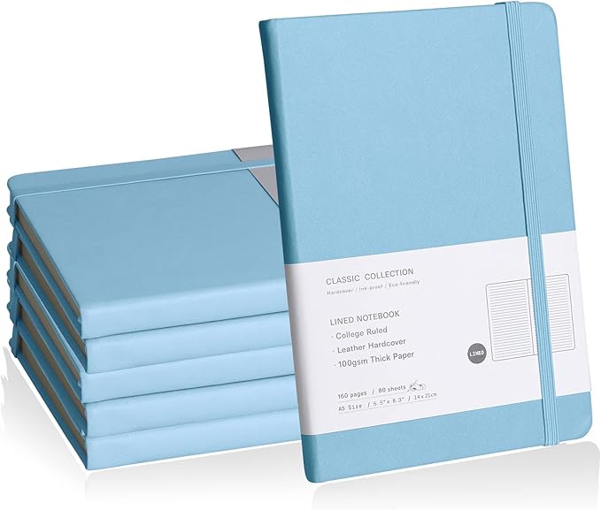 Lined Journal Notebook, 6Pack Hardcover Notebook for Men & Women – Journals for Writing, Work, School, Home & Daily Notes, 160 Pages – Medium A5, 5.7"x8", 100 gsm Thick Paper (Sky Blue)