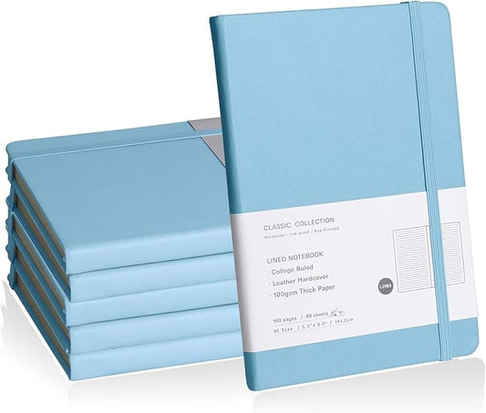 Lined Journal Notebook, 6Pack Hardcover Notebook for Men & Women – Journals for Writing, Work, School, Home & Daily Notes, 160 Pages – Medium A5, 5.7"x8", 100 gsm Thick Paper (Sky Blue)