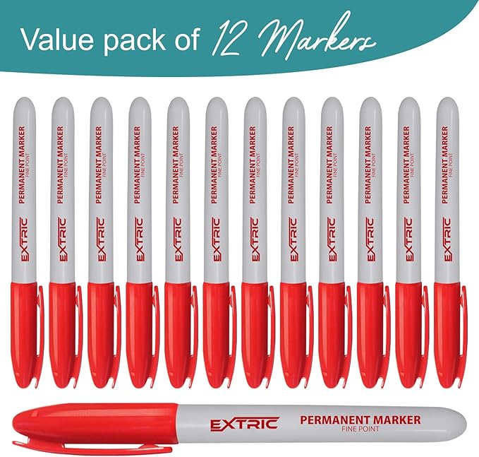 EXTRIC Permanent Markers Red, 12 Count Fine Point Markers, Quick Drying, Works on wood, Paper, Plastic, Metal and Glass, for Home, Office and School use