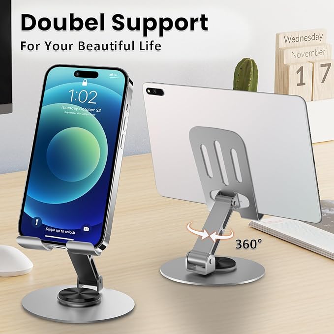 2PCS Cell Phone Stand, Multi-Angel Adjustable 360° Rotation Non-Slip Metal Phone Stand Compatible with iPone Android Smartphone and Tablet(Grey&Grey)
