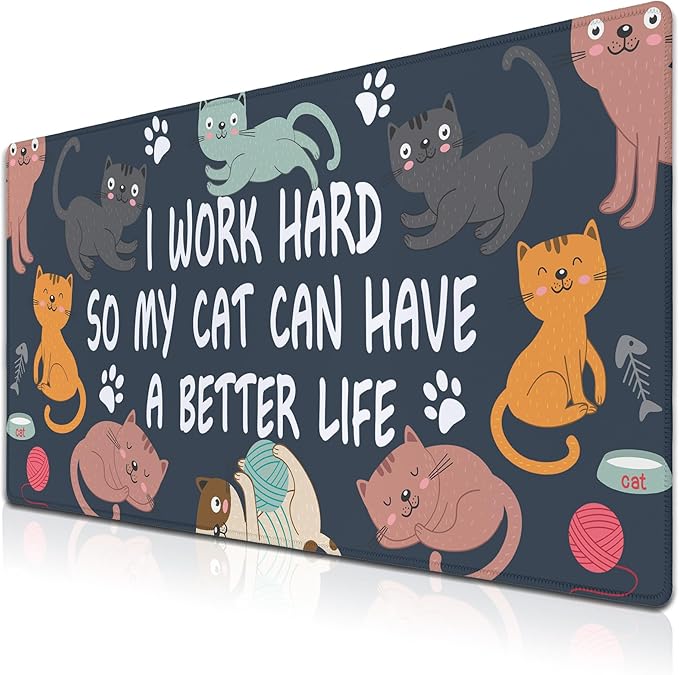 Full Size Mouse Pad Funny Cat Cute Gaming Mouse Pad Extra Large Mouse Pads Computer Mat Work Desk Mat Non-Slip Rubber Base Waterproof with Stitched Edges 35.4" X 15.7" for Game Office,