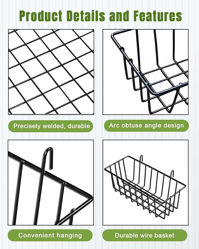 10 PCS Black Wire Baskets, No Drilling, Hanging Wire Basket for Wall Grid Panel Organizing, Grid Wall Accessory