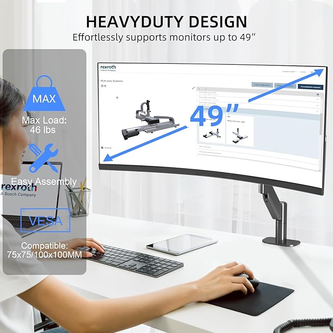 Suptek Ultrawide Monitor Arm Mount for 17 to 49 Inch Heavy Duty Curved Screen,Holds 46.2 lbs,Adjustable Gas Spring Monitor Arm Desk Mount Stand,75/100mm Vesa Mount,Black