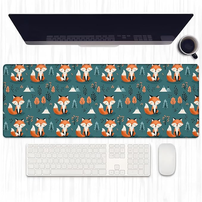 Adorable Fox Gaming Mouse Pad, Extended Cute Cartoon Foxes Print Desk Mat Computer Laptop Mousepad, Robust Stitched Edges, 31.5"×11.8" Large Office Keyboard Mouse Pads for Home Desktop Decor
