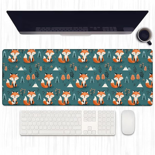 Adorable Fox Gaming Mouse Pad, Extended Cute Cartoon Foxes Print Desk Mat Computer Laptop Mousepad, Robust Stitched Edges, 31.5"×11.8" Large Office Keyboard Mouse Pads for Home Desktop Decor
