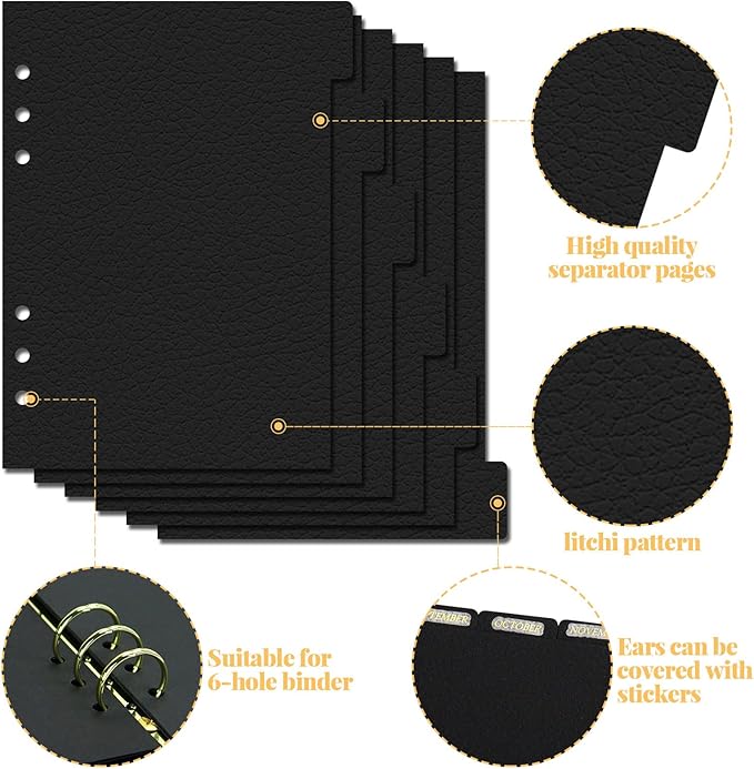 Koqye Leather Textured A5 6-Ring Binder Dividers with 6 Tabs, Black Paper Index Page Separators with Gold Stickers for Planner/Organizer (1 Set - 6 Tab with 1 Stickers)