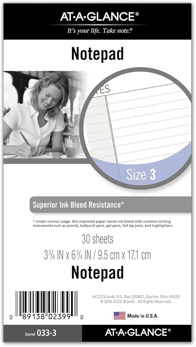 AT-A-GLANCE Day Runner Lined NotePad Pages, Refill, Loose-Leaf, Undated, for Planner, 3-3/4" x 6-3/4", Size 3, 30 Sheets/Pack (033-3)
