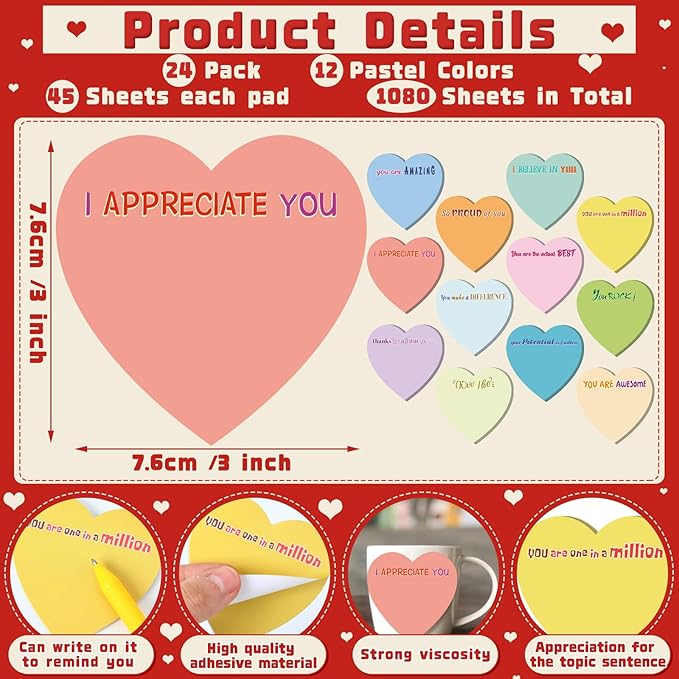 Teling 24 Pack Valentine's Day Sticky Notes Heart Shape Sticky Notes 3 x 3 Inch Appreciation Notepads Bulk Cute Memo Pads for Galentines Party Gifts School Office Supplies (Pastel)