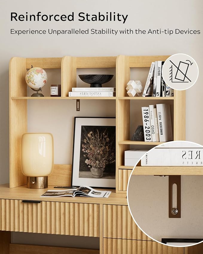 Desktop Bookshelf with Fluted Drawer, Wooden Countertop Shelf Mid Century Modern Desk Hutch Organizer Small Storage Bookcase for Dorm Home Office Study Vanity, Natural Oak
