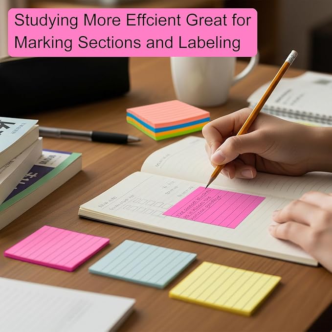 48 Pack Lined Sticky Notes 3x3 in, 8 Colors Self Sticky Notes with Lines, Post Stickies Colorful Sticky Memo Note Pads for School and Office Supplies, Multicolor