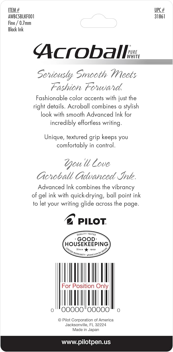PILOT Acroball PureWhite Advanced Ink Refillable & Retractable Ball Point Pens with Turquoise/Orange/Purple/Lime/Blue Accents, Fine Point, Black Ink, 5-Pack (31861)