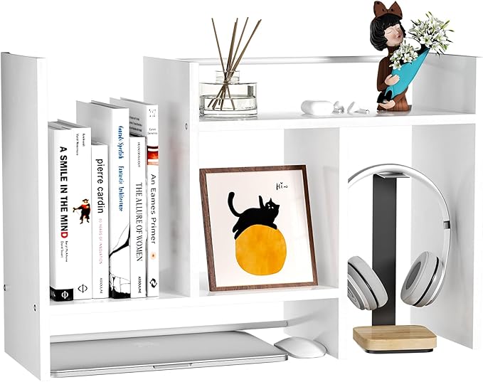 Desk Shelves Wood Desktop Orgnizer Shelf. Office Organization for Top of Desk Organizers and Accessories Bookshelf Shelving,Adjustable Tier H-Shape Mini Bookcase(White)