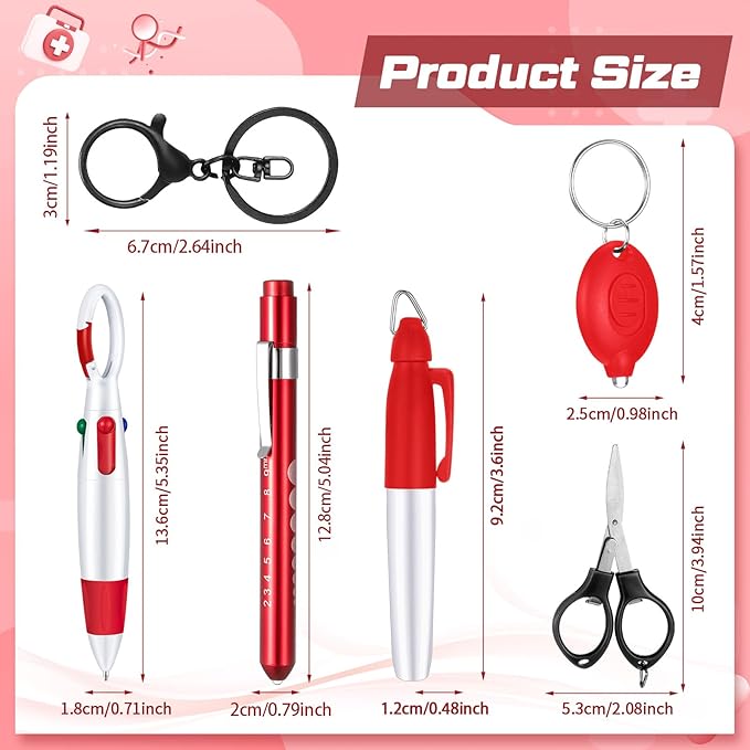 6 Pcs Nurse Pen Set Include Permanent Marker Pen Retractable Ballpoint Pen Keychain Clip Foldable Scissors Lights LED Flashlight Keychain for Nurse Accessories(Red)