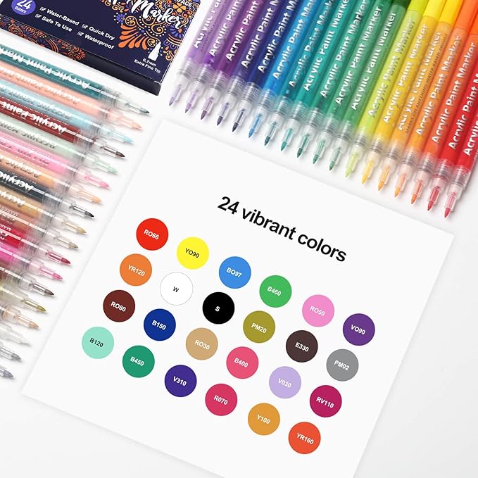 24 Colors Extra Fine Tip Paint Pens Paint Markers, Premium Acrylic Paint Pens For Rock Painting, Canvas, Wood, Glass, Ceramic, Fabric, Acrylic Paint Markers Set for Painting Supplies, Craft Supplies