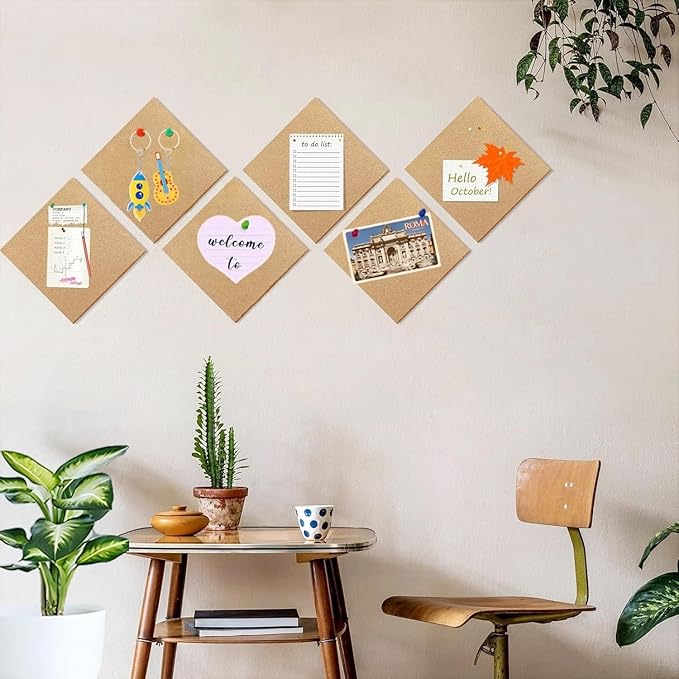 Cork Square Board for Walls, 4 Packs 12"x12" 1/4" Thick Cork Bulletin Board Self Adhesive Cork Board Tiles with 50 Pushpins for Home Office Kitchen School (4, 12 * 12 inch)