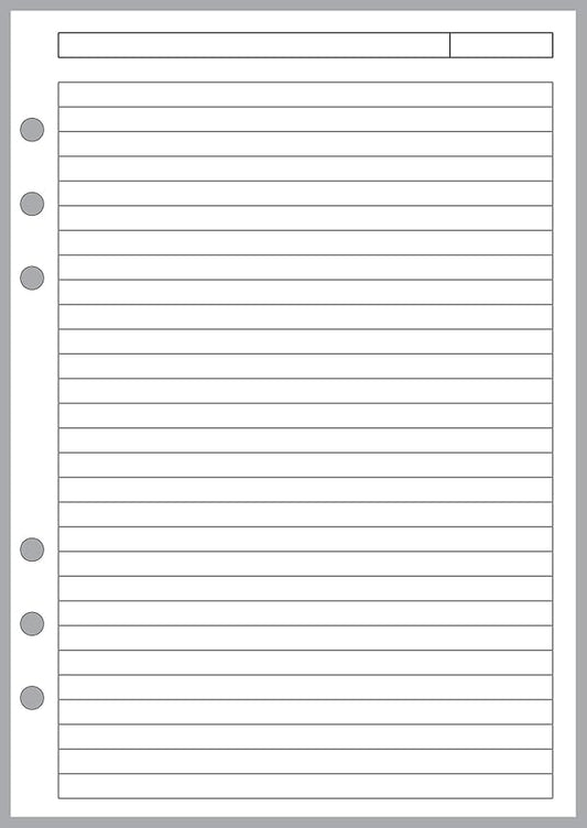 A5 Size Lined Notes Pages, with Subject Line, Sized and Punched for 6-Ring A5 Notebooks by Filofax, LV (GM), Kikki K, TMI, and Others. Sheet Size 5.83" x 8.27" (148mm x 210mm)