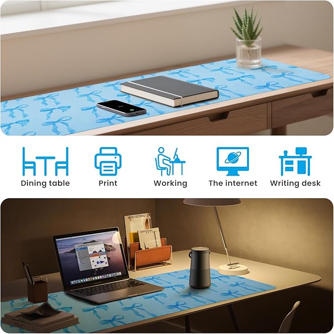 Large Mouse Pad, Blue Bows Desk Mat with Light Blue Background, Kawaii Computer Mat Keyboard Mat Cute Blue Office Accessories, Non-Slip Rubber Base Laptop Pad Girls Desktop Decor 31.5 x 11.8in