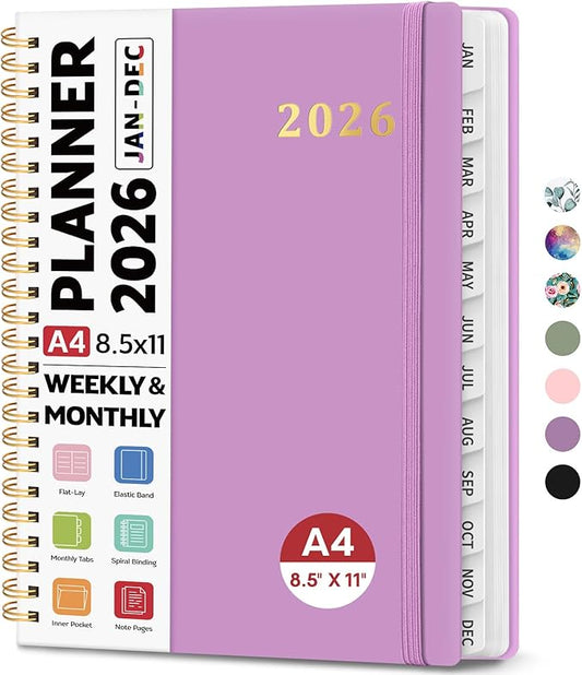 2026 Planner 8.5" x 11", Weekly and Monthly Calendar Planner Book, January 2026 - December 2026, Hardcover Spiral Planner with Monthly Tabs, Notes Pages, Perfect for Women & Men, A4 - Purple