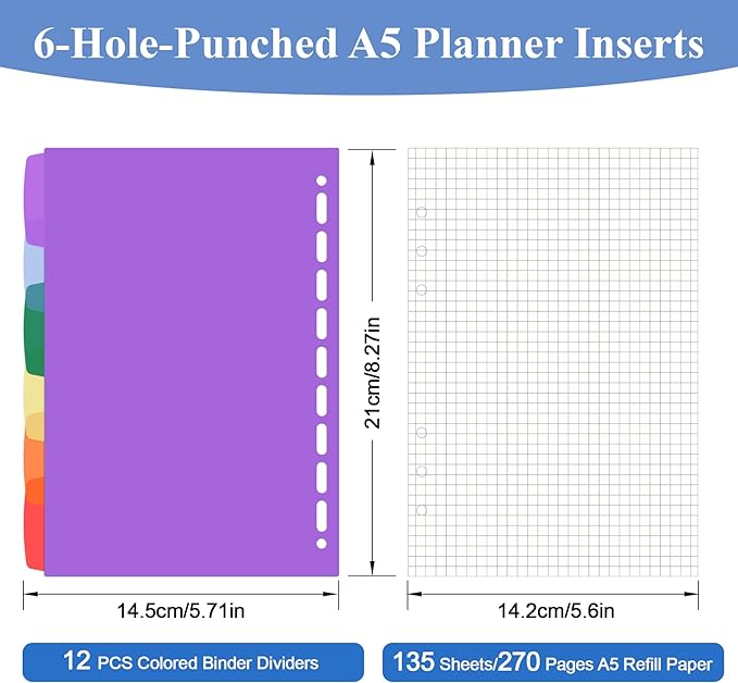 Antner A5 Grid Refill Paper Planner Inserts for A5 6-Ring Binder, 135 Sheets 6-Hole Graph Rule Loose Leaf Filler Paper Refills with 12PCS Binder Dividers for Refillable Notebooks, Bullet Journal, Math