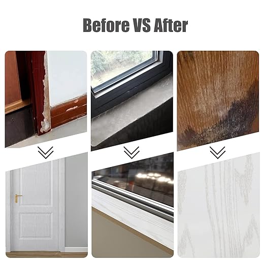 4" X33' Size Realistic Wood Grain Repair Tape, Self Adhesive Wood Grain Repair Patch for Table, Chair, Door, Windows, Floors, Furniture Renovation, Hand DIY. With Plastic Scraper. Gold Line White Wood