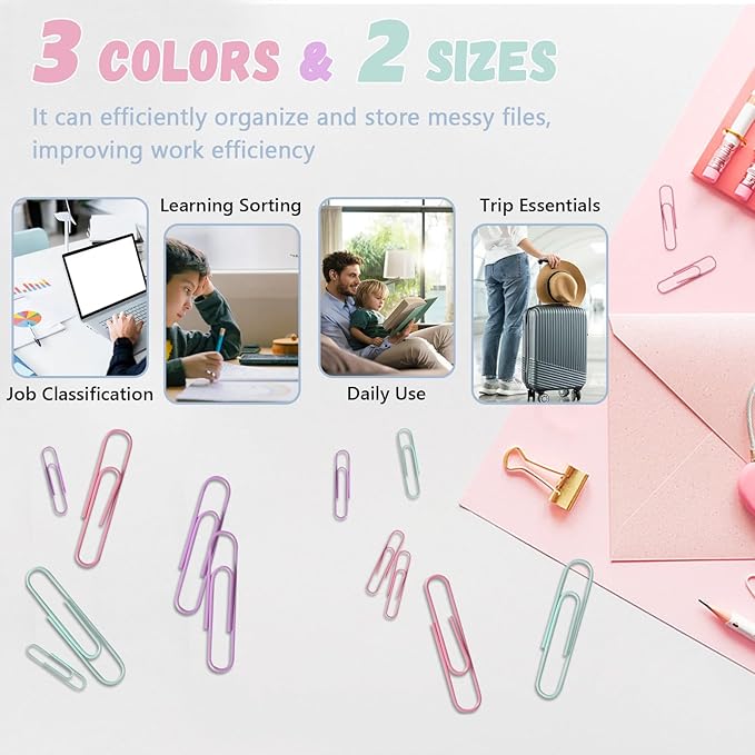 Macaron Colored Paper Clips,420 pcs Paper Clips Assorted Sizes, Large Medium(1.3 inch & 2 inch) Paperclips, Paper Clip for Paperwork Office School and Personal Use