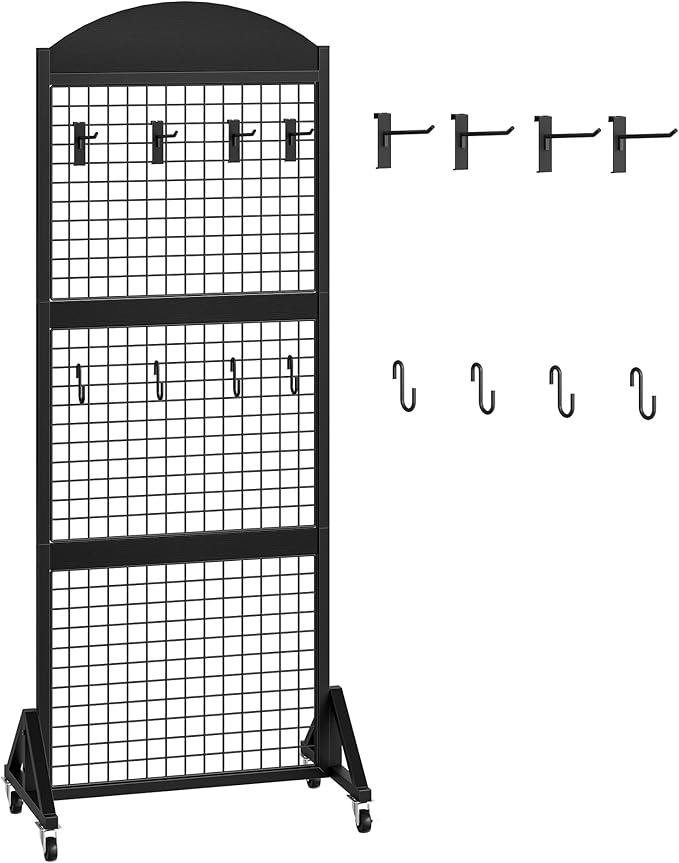 Grid Wall Panel 5.7’ x 2’ FT Grid Display Rack, Movable Gridwall Display Stand with Wheels, Sturdy Floorstanding Wire Grid Rack with 4 S-Shaped Hooks and 4 Garment Hooks, Black TCJ17BB