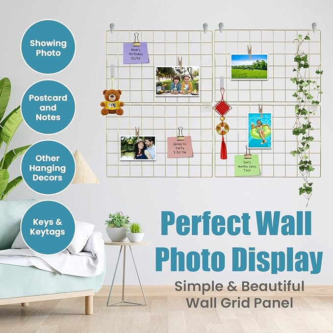 Metal Grid Wall Panel, Wire Grid Photo Display Organizer, 17.3"×11.8" Gold Wire Board Grid Wall, Grid Picture Frame, 2-Pack Wire Mesh Memo Board with Clips and Hooks