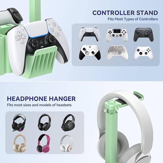 KDD Dual Controller Holder with Headphone Stand - Multi-Functional Desk Storage Box with Phone Holder - Universal Controller Stand with Desktop Organizer for Remote Control Pen Accessories(Green)