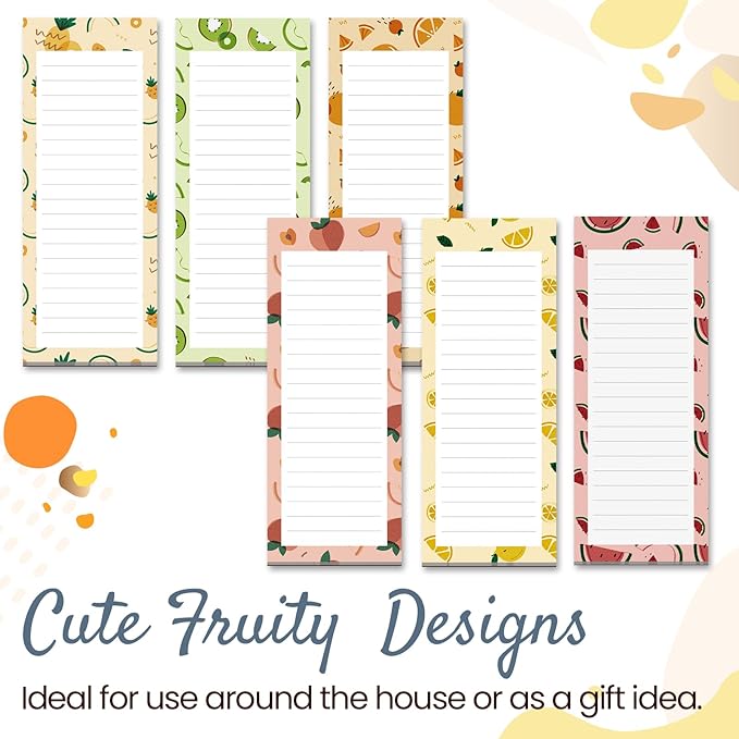 MATICAN Grocery List Magnet Pad for Fridge, 6-Pack Magnetic Note Pads Lists, 60 Sheets Per Pad, 6 Cute Fruit Designs, Full Magnet Back To-Do-List Notepads