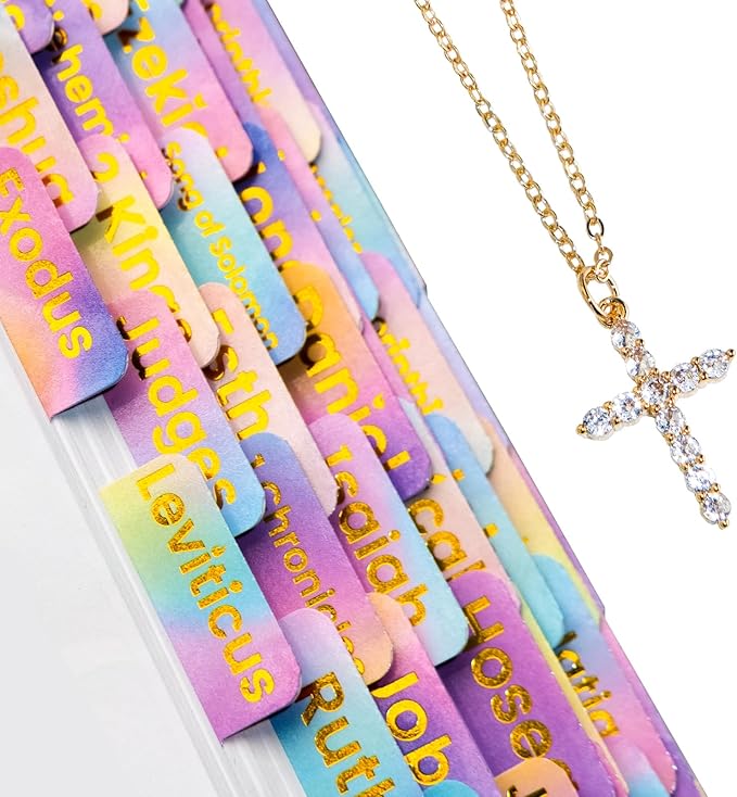 Bible Tabs with Gold Necklace, Laminated Bible Tabs for Women Men, Christian Gifts, Large Print Bible Tabs for Easy Navigation, Bible Book Index Tabs Labels, Bible Study Supplies, RB3
