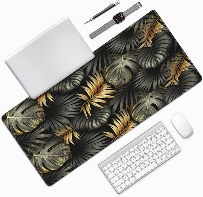 Gaming Mouse Pad,Large Mouse Pads for Desk,Non-Slip Rubber Base Extended Mousepad,XXL Keyboard Mouse Mat,Stitched Edges Computer Keyboard Desk Pad,35.4x15.8inch,Black Gold Tropical Leaves