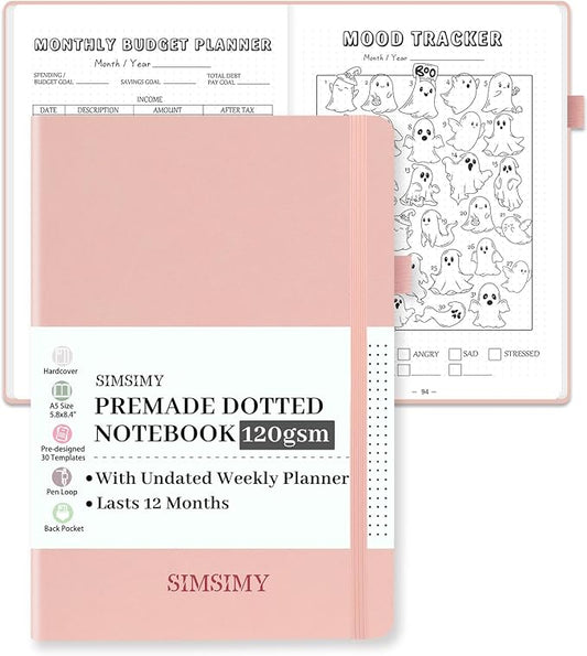 Premade Bullet Dotted Journal Notebook, Pre-made Dot Grid Journaling with Undated Weekly & Monthly Planner, Various Trackers - 12 Month Organization, A5 Hardcover Leather Planner Notebook with