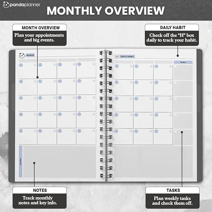 Panda Planner 2026 Undated Daily Planner 5.75" x 8.25" – 90-Day Spiral Academic & Productivity Planner with Hourly Schedule, Habit Tracker, To-Do List & Monthly Calendar – ADHD-Friendly Panda Journal (Gray)
