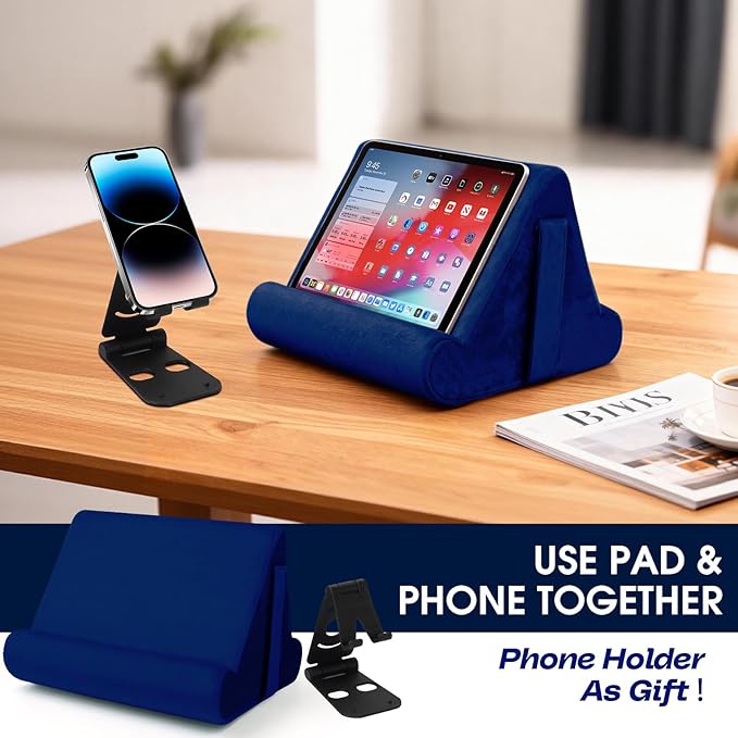 Multi-Angle Tablet Stand with Soft Pad Cushion and Net Pocket - Universal Phone and Pad Holder for Lap, Knee, Sofa and Bed (Navy Blue)