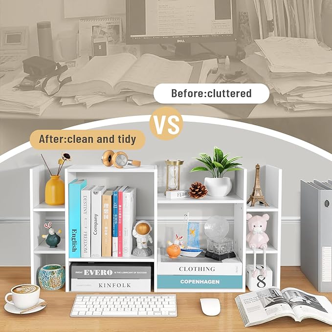 YIGANG White Desk Shelf Organizer, 3-Tier Desktop Bookshelf for Computer Desk, Small Tabletop Hutch Storage Rack, Wood Office Supplies Organizer for Dorm, Home & Student (29 Inch Wide)