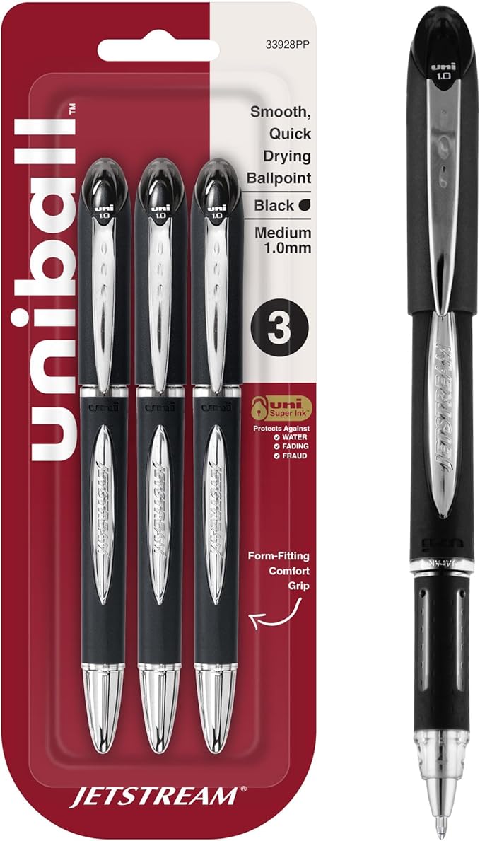 uniball Jetstream Ballpoint Pens, Medium Point (1.0mm), Black, 3 Pack