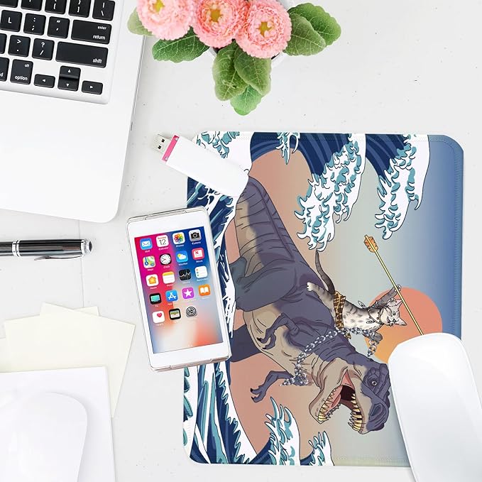 Dinosaur and Cat Square Mouse Pad,Non-Slip Rubber Base Mouse Pad,Home Office Decoration Desktop Accessory,Laptop Mouse Pad for Office Laptops,9.4x7.8x0.12inch.