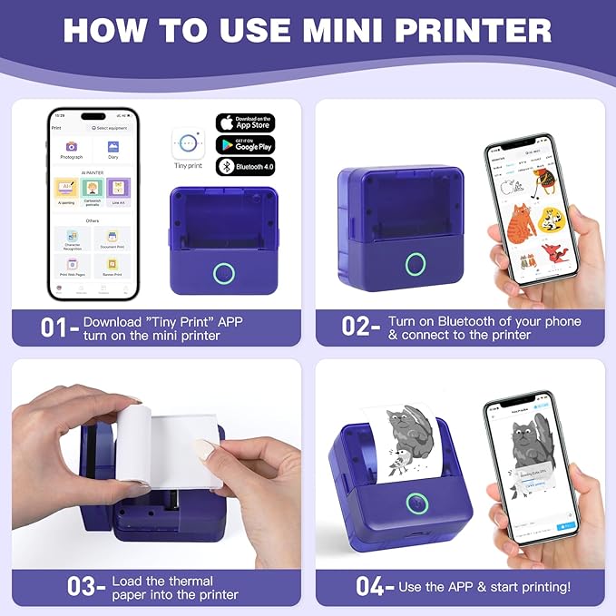 cudinham Print Pods Mini Printer, Sticker Printer with 10 Rolls Thermal Printing Paper, Inkless Pocket Printpod for Phone, Impresora Portátil for Notes, DIY, Compatible with iOS & Android (Purple)