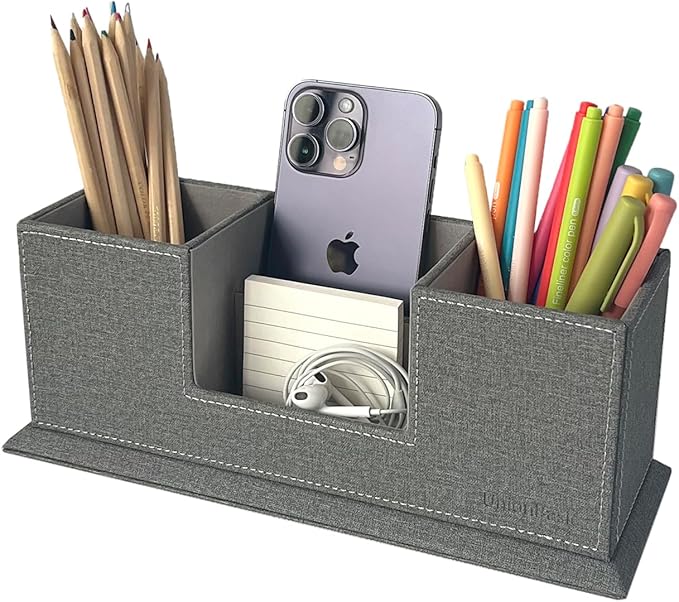 UnionBasic Desk Organizer, Desktop Caddy Leather Multi-compartment Pen Holder Office Stationer Organizer, Multi-Color (Grey Linen Texture)