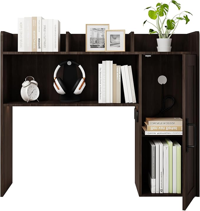 Desktop Bookshelf, Wooden Desk Hutch with LED Lights, Desktop Shelf with 6 Shelves and Power Outlets, Office Desk Organizer, Over Desk Storage Shelves for Dorm, Home, Walnut