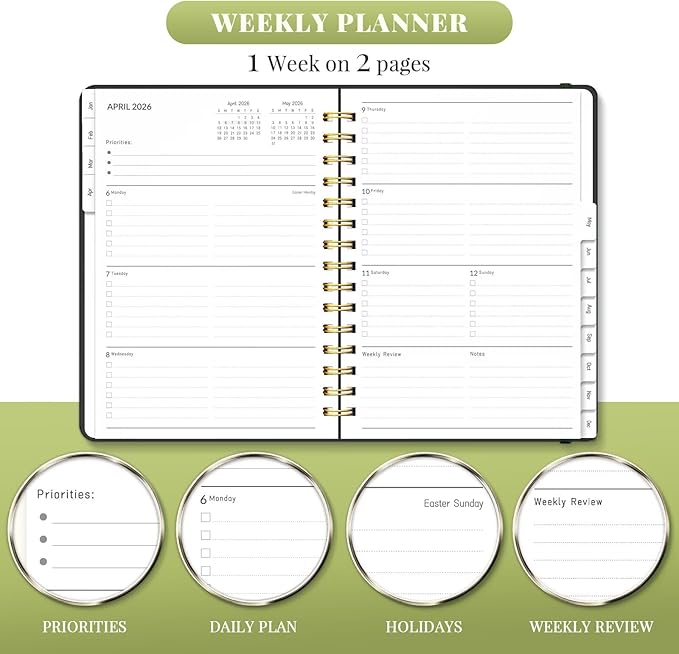 2026 Planner, A5 Weekly and Monthly Planners with Tabs, Spiral Bound Daily Calendar 2026 Planner, Agenda Organizers from Jan. to Dec., Hardcover Habit Tracker Journal 6.18" x 8.5"(Green Butterfly)