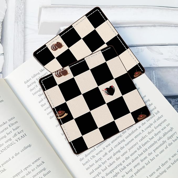 2 Pack Black and Pink Checkered Leather Book Corner Bookmark, Durable Handmade Reading Accessories - Gifts for Readers, Women, Men, Teachers, Students