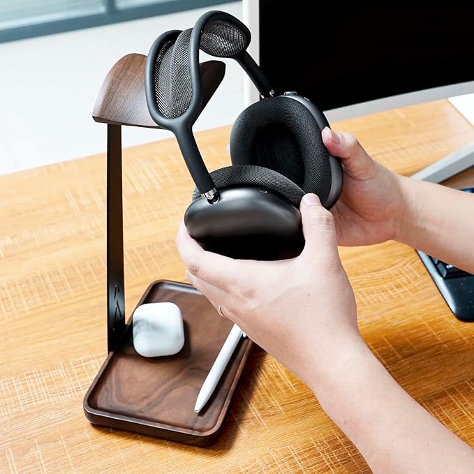 GEVO Walnut Headphone Stand, Wood Headset Stand for Desk, Universal Headphone Holder Gaming Headset Rack with Storage Base Compatible for AirPods Max, Bose, Razer, Sennheiser, Jabra, JBL, AKG