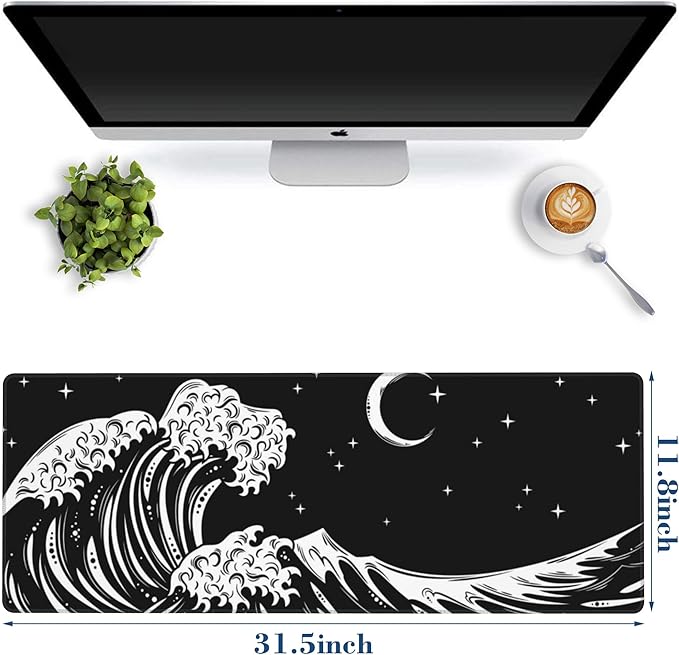 Sea Wave Mouse Pad Desk Mat XL Large Gaming Mousepad Extended Computer Keyboard Mat with Non-Slip Rubber Base and Stitched Edge 11.8 x 31.5 Inch for Gaming and Office Work